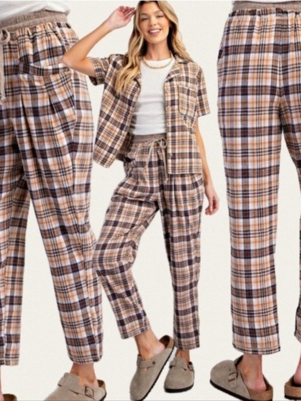 Women’s Plaid Drawstring Relaxed Pants - Brown